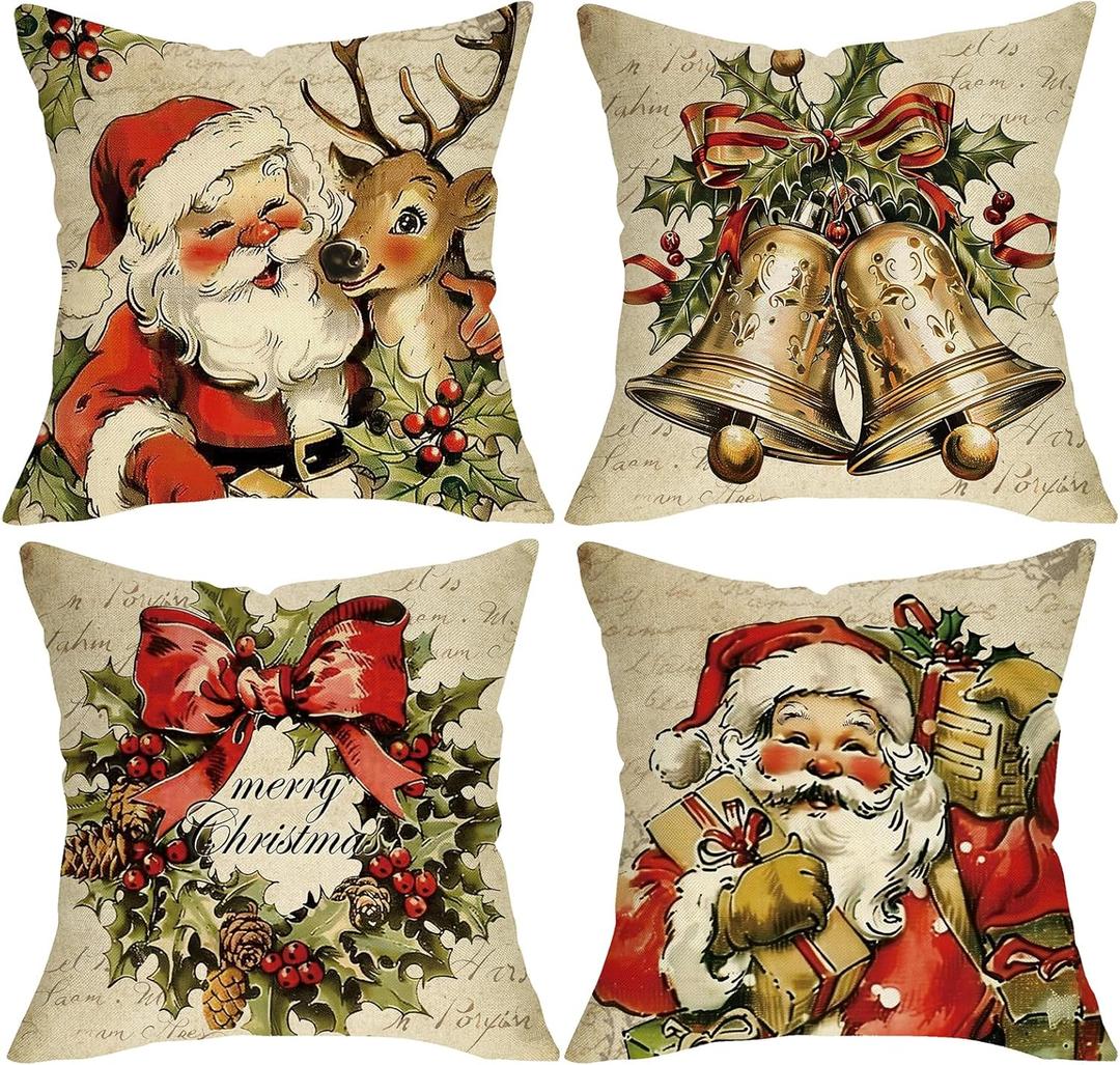 Christmas Santa Claus Decorative Throw Pillow Covers 20 x 20 Set of 4, Vintage Xmas Jingle Bell Wreath Reindeer Porch Outdoor Home Decor, Retro Winter Holiday Sofa Couch Cushion Case