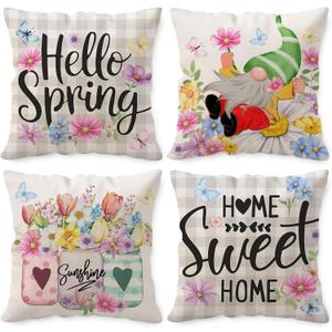 Spring Pillow Covers 16x16, Home Sweet Home Outdoor Throw Pillowcase, Farmhouse Floral Home Decor Square Cushion Covers for Sofa Bed Couch Set of 4