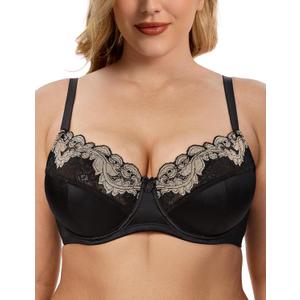 Wingslove Women's Sexy Lace Bra Mesh Underwired Full Coverage Shelf Bra Unlined (Black)