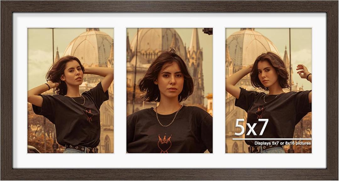 DUENPY 8x16 Collage Picture Frame,5x7 Collage Picture Frame Displays Three 5x7 inch Photos, or 8x16 (Without Mat) for  Horizontal Wall Mounting Display and Vertical, Walnut.