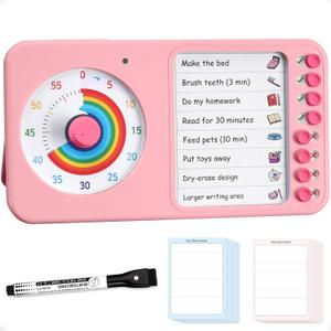 2-in-1 Visual Timer with Task Board for ADHD & Autism, Dry Erase Chore Chart and Visual Schedule for Kids & Adults, Rainbow Countdown Timer for Classroom, Home, Homeschool (Pink)