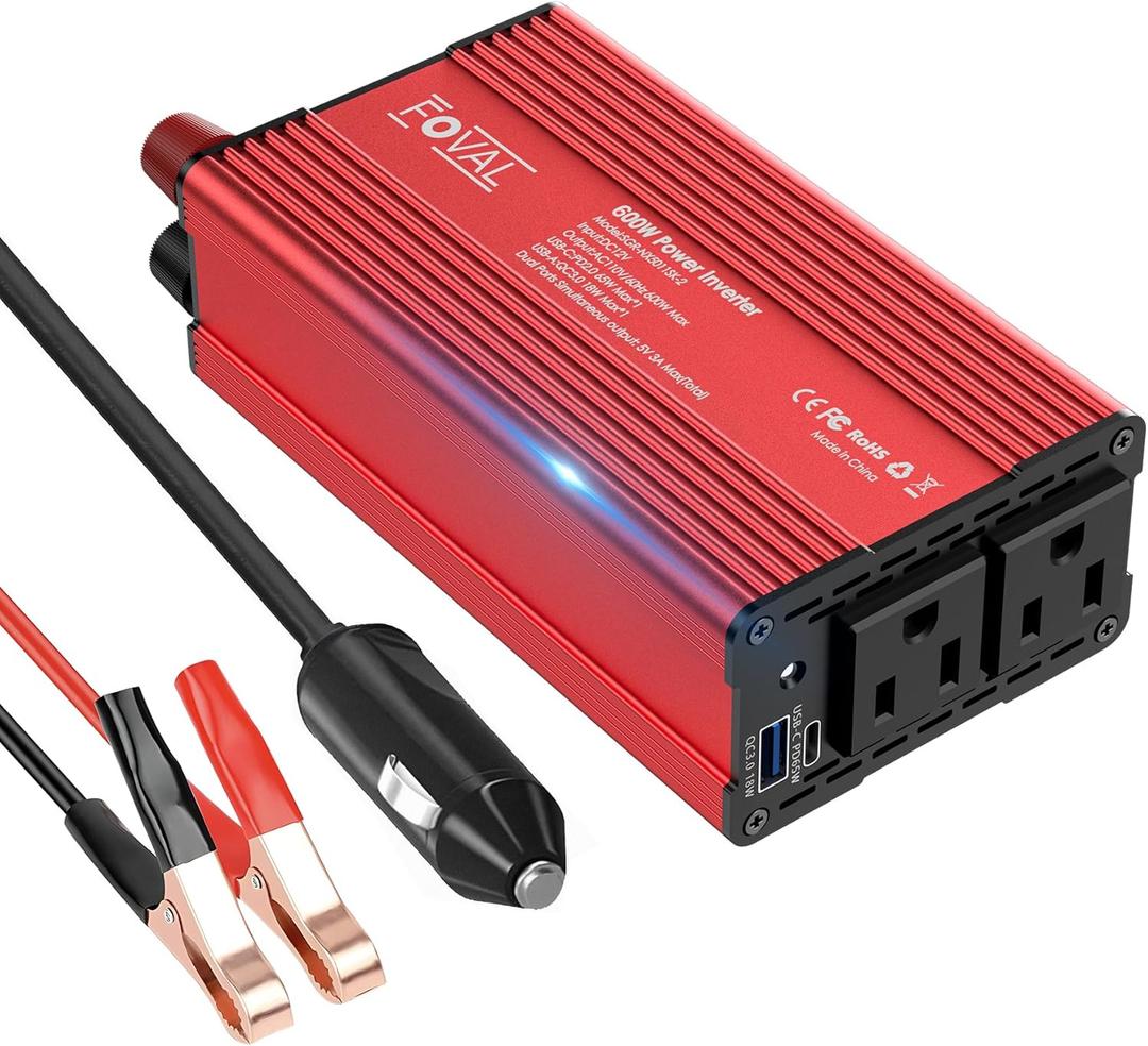 FOVAL 600W Power Inverter 12V DC to 110V AC Car Plug Adapter Outlet Converter with [65W PD USB-C] & [18W QC USB-A] Fast Charging Ports and 2 AC Outlets Car Power Inverter for Laptop Computer