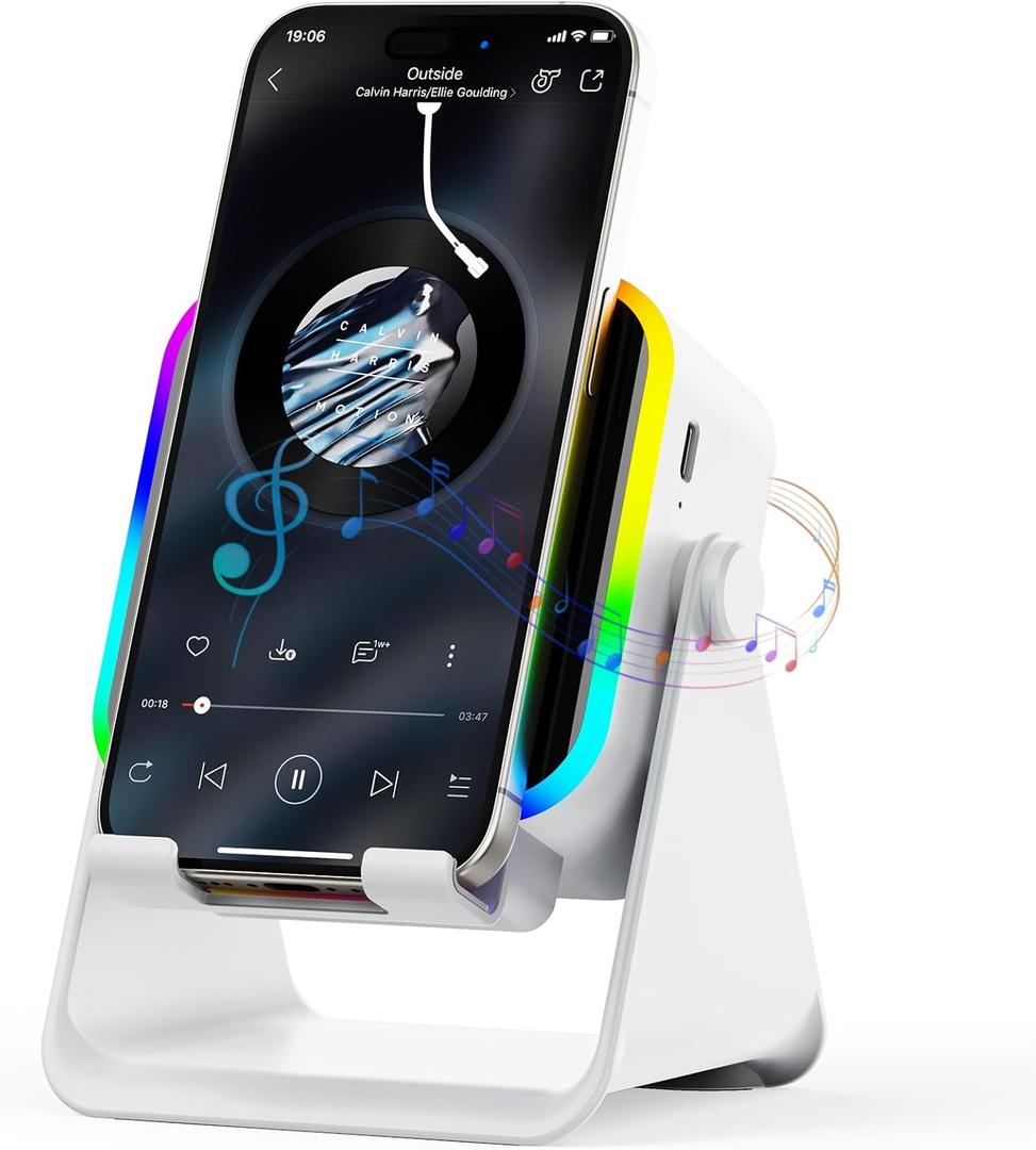 Wireless Induction Speaker - 5 in1 Bluetooth Speaker Phone Stand with Colorful Ambient Light 360 Rotation Compatible with iPhone Android iPad Samsung Galaxy- Unique Birthday Gift for Men Women Adults (White)