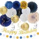 Navy-Blue White Gold Birthday Party-decorations - 21pcs Men Boys Adult Happy Banner Garland, Royal Paper Streamers Lanterns,Flower Tissue Pom Poms Fan Supplies, Wall Backdrop Decor Huglony