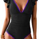 Women's One Piece Ruffle Swimsuit Tummy Control Bathing Suit V Neck Shell Stitched Swim Suit Slimming Swimwear (Large, Black and Pink)