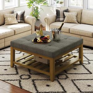 Befurtori Large Square Ottoman Coffee Table, Linen Solid Upholstered Footrest Ottoman with Solid Wood Shelf Storage Tufted Coffee Table for Bedroom Living Room, Granite, 29"D x 29"W x 18.5"H
