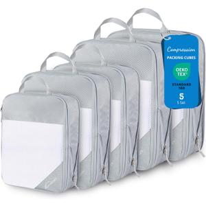 Compression Packing Cubes, 5 Set Packing Cubes for Travel Compression, Lightweight Compressible Package Organizer for Carry On and Suitcases, Light Grey Compression Packing Cubes, 5 Set Packing Cubes for Travel Compression, Lightweight Compressible Package Organizer for Carry On and Suitcases, Light Grey