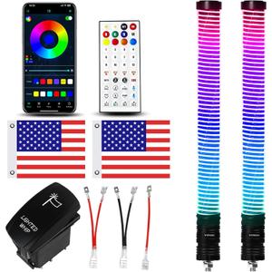 2pc 2FT COB Fat Whip Lights with App & Remote Control Compatible with Polaris RZR Can-Am Maverick X3, Spiral RGB Chasing LED Whip Lights with Rocker Switch for Side by Side, SXS UTV ATV Boat