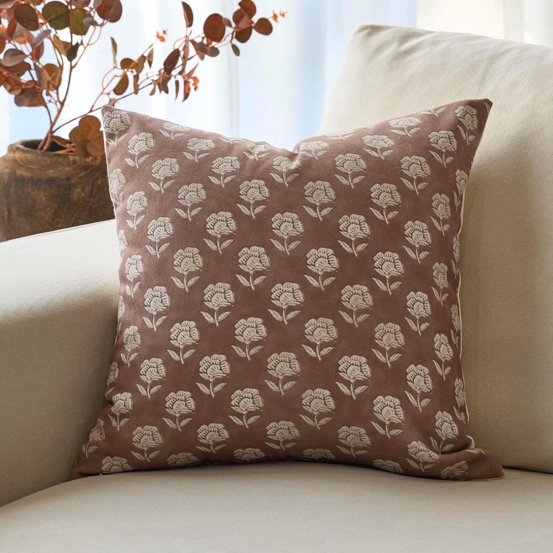 DOMVITUS Floral Pillow Covers 24x24 Throw Pillow Covers Decorative Farmhouse Block Floral Print Vintage Pillow Cover for Living Room Couch Bed, Brown, 1PC
