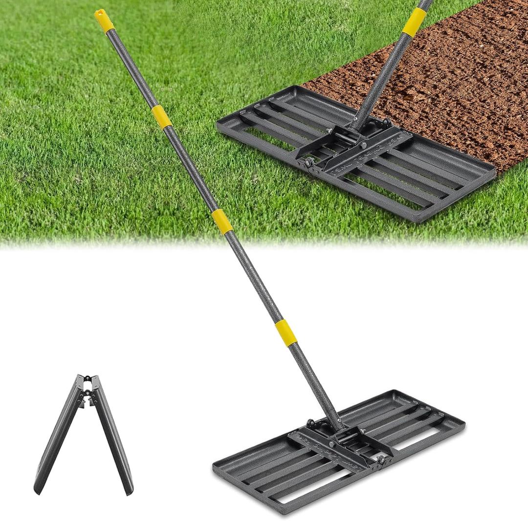 Lawn Leveling Rake, Heavy Duty 30"x10" Foldable Leveler Plate, 6FT Adjustable Stainless Steel Leveling Rake, Reinforced Welds Level rake for Soil, Dirt, Ground, Yard, Top Dressing, Landscaping
