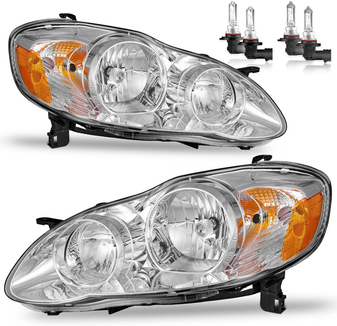 Headlights W/Bulbs for 2003 2004 2005 2006 2007 2008 Toyota Corolla Halogen Headlamp Replacement Driver & Passenger Side