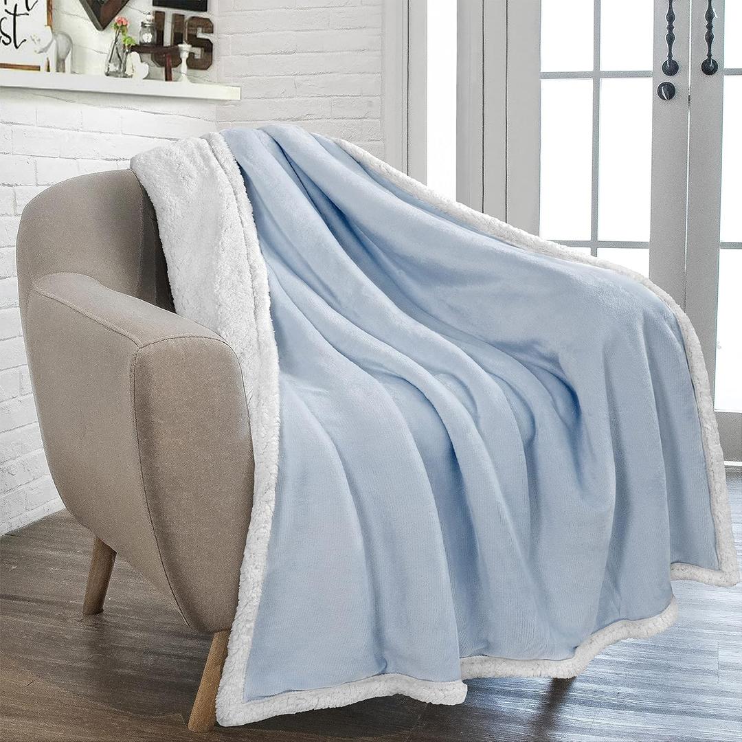 PAVILIA Sherpa Fleece Throw Blanket for Couch, Light Blue, Plush Soft Fuzzy Sofa Blanket, Cozy Reversible Winter Throw for Women Men, 50x60 Inches