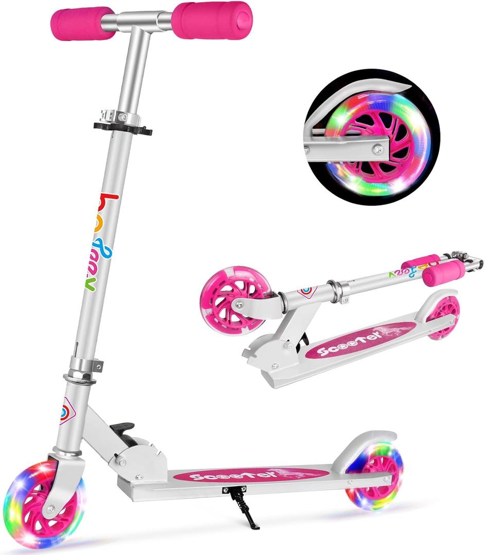 BELEEV V1 Scooters for Kids, 2 Wheel Folding Kick Scooter for Girls Boys, 3 Adjustable Height, Light Up Wheels, Lightweight Scooter with Sturdy Frame, Kickstand for Children 3 to 12 Years Old (Pink)