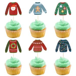 Gyufise 36 Pcs Ugly Sweater Cupcake Toppers Christmas Decorations Christmas Party Supplies (7-Multi)