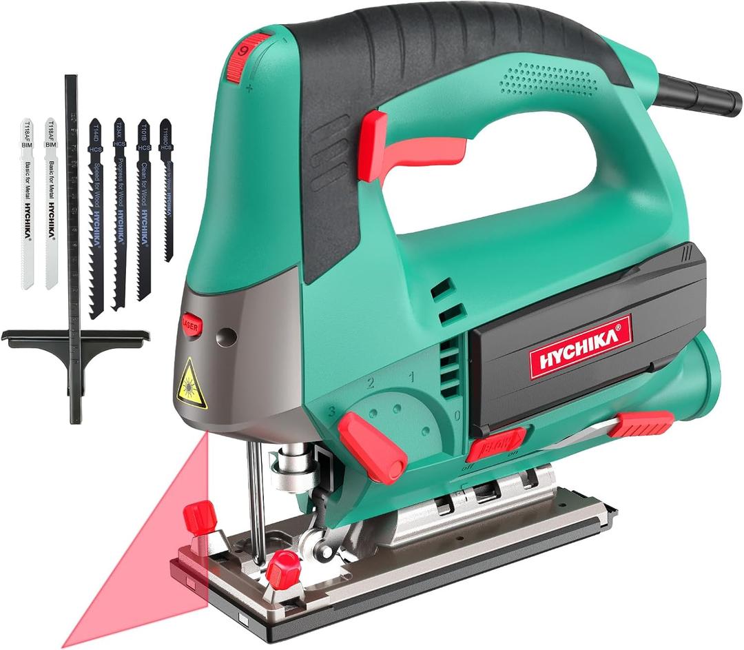 HYCHIKA Jig saw, 6.7A Jig Saw 800-3000SPM with 6 Variable Speeds, 4 Orbital Sets, Bevel Angle 45, 6PCS Blades, Pure Copper Motor, Laser Guide, Wood Metal Plastic Cutting