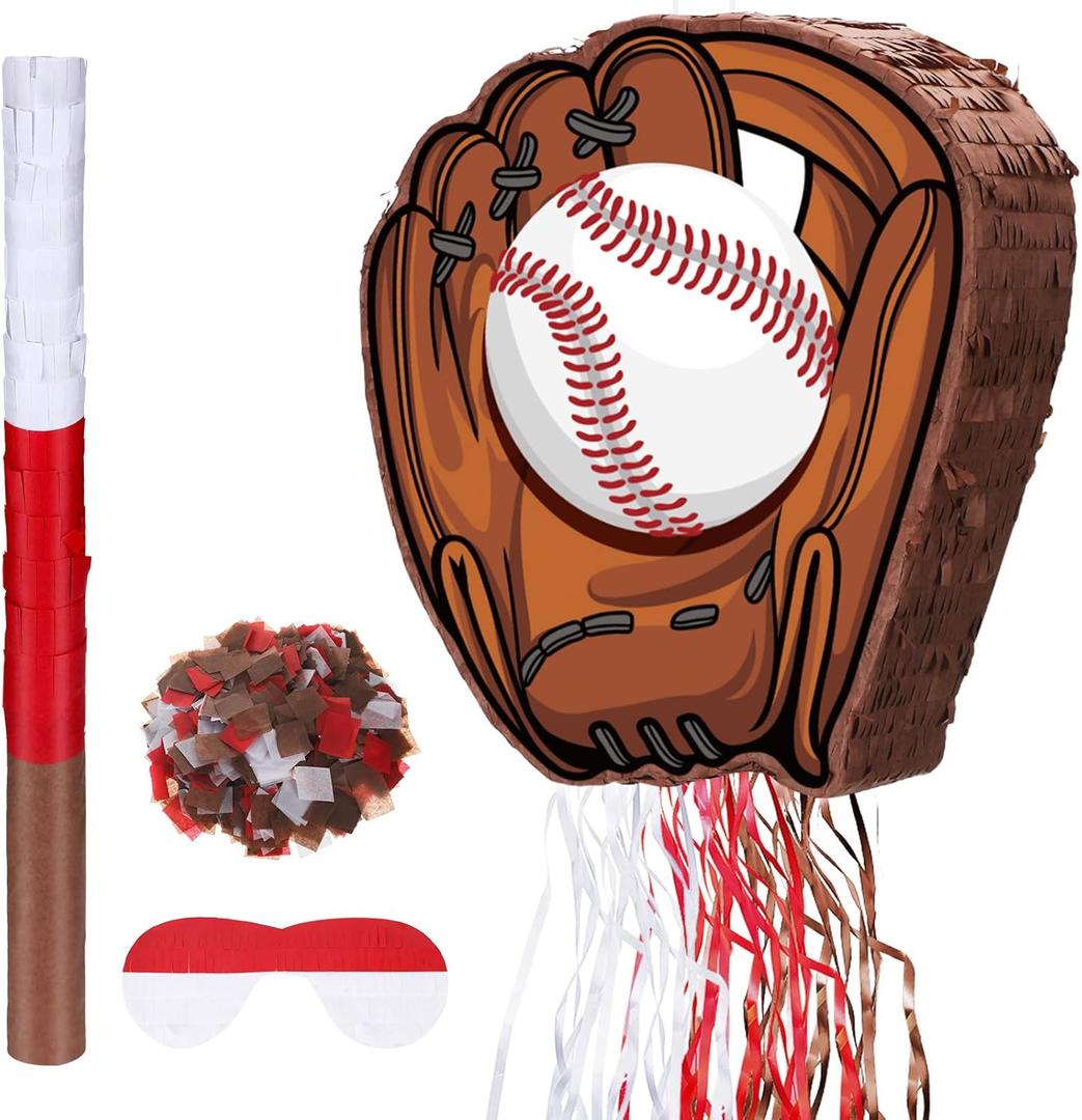 Baseball Piata with Blindfold Bat for Birthday Party Softball Paper Piata Sports Balls Confetti Baseball Party Supplies for Birthday Party Decorations 13.19 x 13.19 x 3 Inch(Cool)