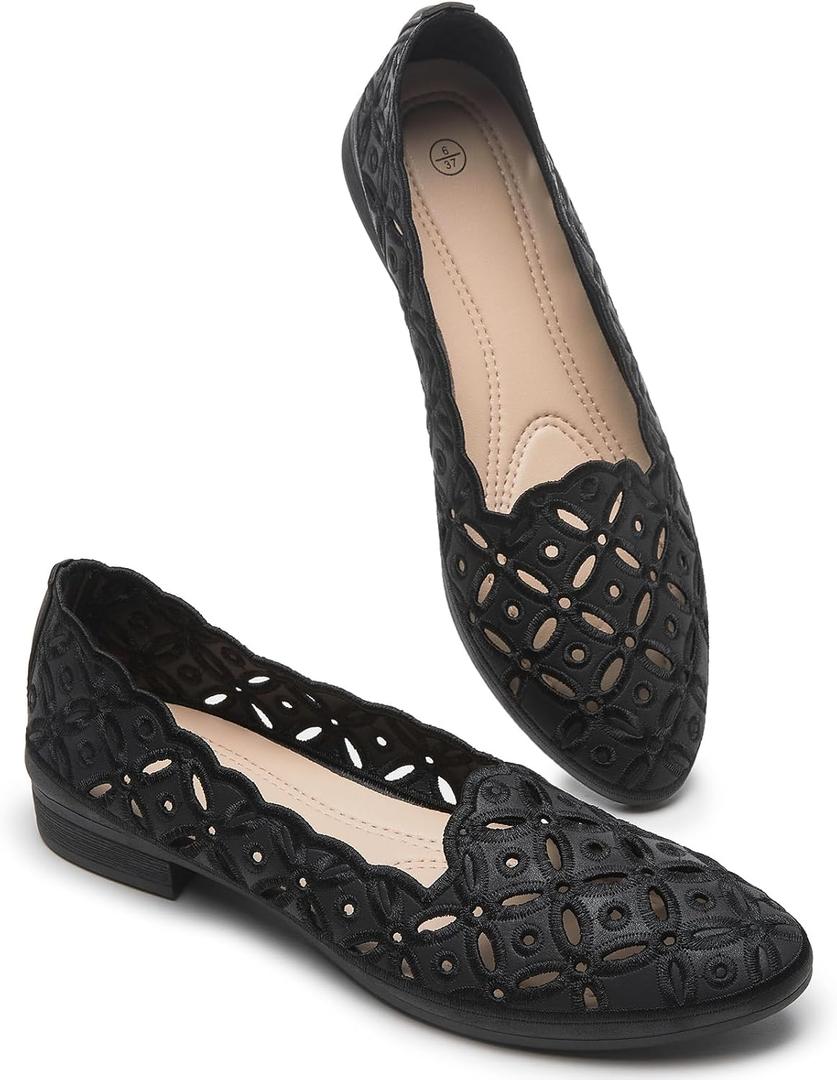 BABUDOG Womens Flats,Black and White Dress Flats with Flower Eyelets,Breathable Ballet Flats (8)