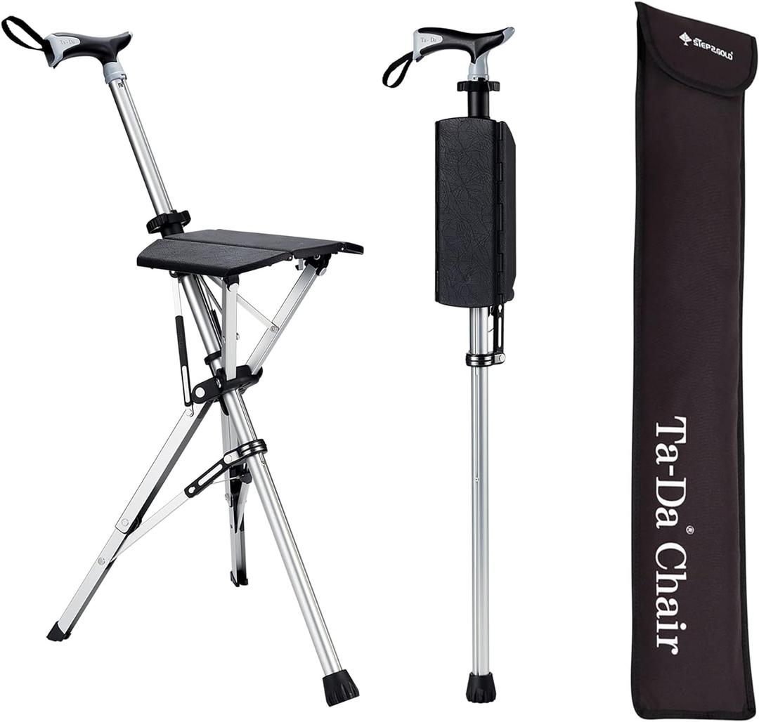 STEP2GOLD Ta-Da Chair, Portable Trekking Hiking Pole, Folding Walking Stick with Seat, Walking Cane with Chair, Foldable Chair, Lightweight Aluminum, Easy Carry and Storage, Anti-Slip (L (34.6"), Black)