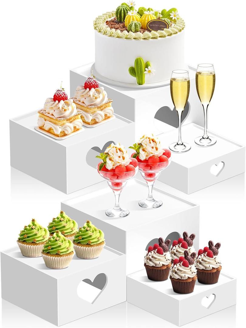 Buffet Risers 6 PCS, Acrylic Buffet Risers and Stands, White Dessert Table Display Set Food Display Risers for Party, Acrylic Cube Storage Boxes with Love Design Size 6", 7", 8"