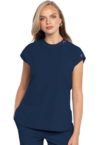 Med Couture Scrub Top Women Round Neck Tuckable with 2 Zipper Pockets with Rounded Hem MC703, S, Navy