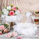 Honeydak 3 Pcs 9 Inch Wedding Flower Girl Baskets with Foldable Handle, Satin Lace Bowknot Baskets for Wedding Flower Girl (White)