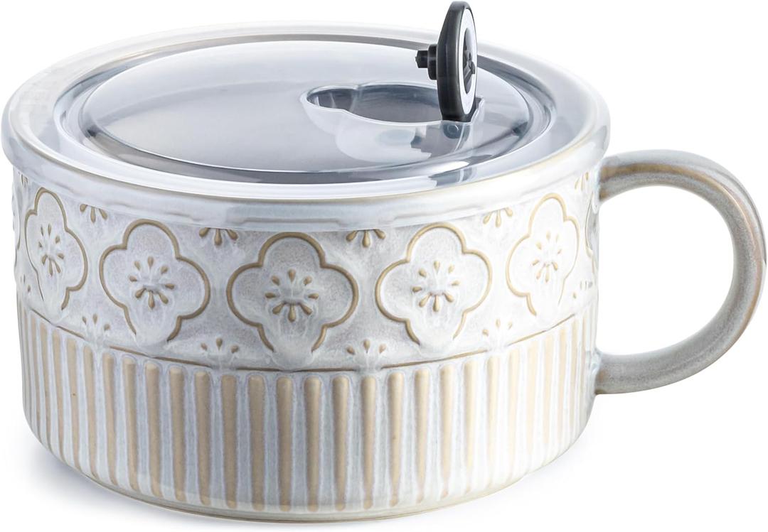 Gomakren Extra Large Soup Bowl with Handle, 39 Ounces Microwave Ramen Bowl, Ceramic Bowl with Lid, 6 Inch Soup Mug Cup for Ice Cream, Cereal, Ramen, Instant Noodle, Fruits, Beige White