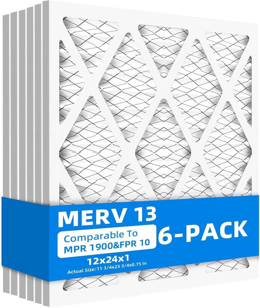 (6 Pack) 12x24x1 Air Filters, MPR 1900 & FPR 10, MERV 13 Pleated Air Filter (Actual Size: 11.75" x 23.75" x 0.75")