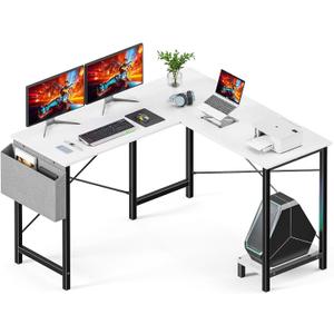 DUMOS L Shaped Desk Computer Gaming Corner Table 50 Inch Home Office Writing Student Work PC Workstation with Side Storage Bag CPU Stand for Bedroom Small Spaces (White)