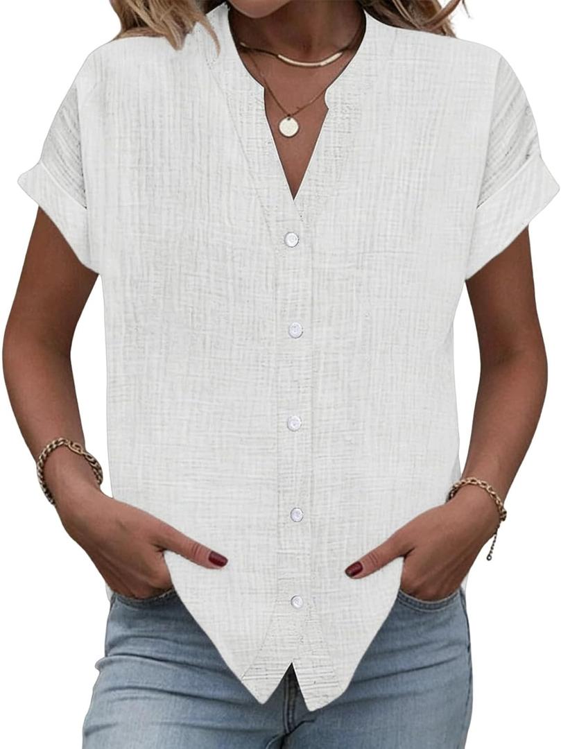 Button Down Shirts for Women Short Sleeve Cotton V Neck Tops Dressy Casual Loose Fit Office Work Blouses (M)