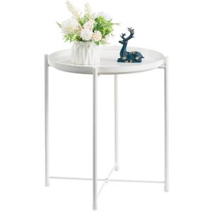 HollyHOME Round Metal Side Table, Outdoor Small Folding Accent Stand with Removable Tray, 17.72'' Portable End Table for Balconies, Gardens, Living Rooms and Bedrooms, White