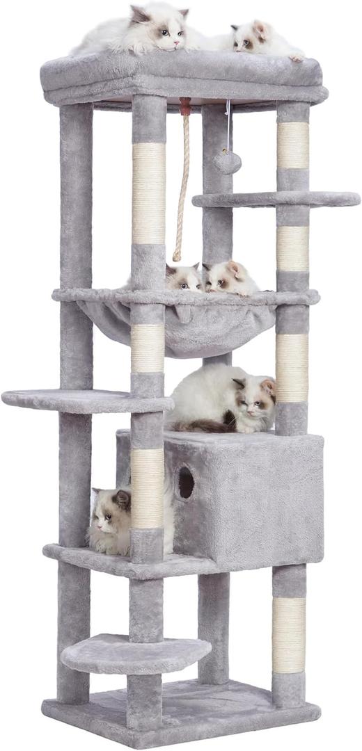 Heybly Cat Tree for Large Cats 20 lbs Heavy Duty,60 inches XXL Cat Tower for Indoor Cats,Multi-Level Furniture Condo with Big Padded Plush Perch,Cozy Basket HCT050W (Light Gray)