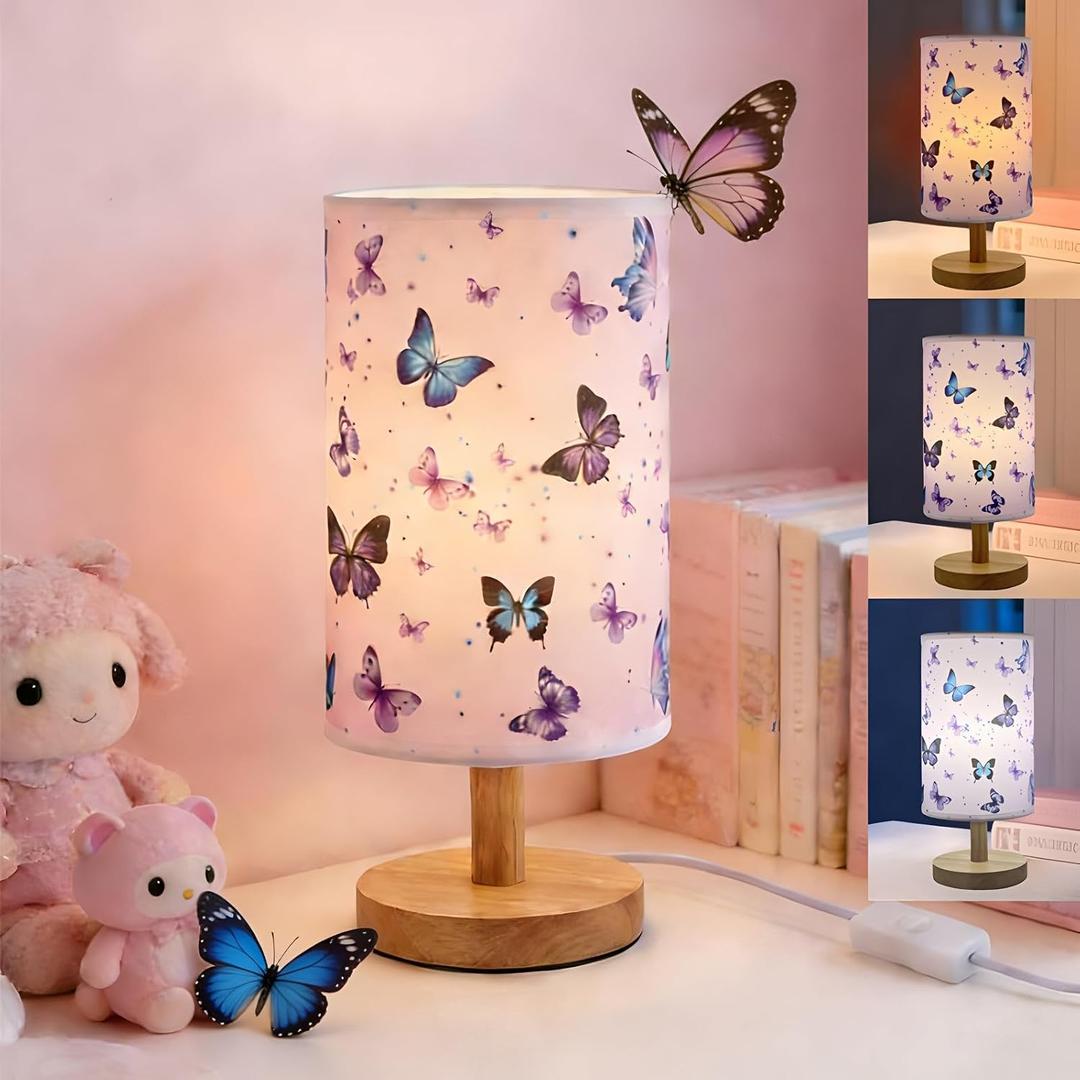 Butterfly Kids Table Lamp for Bedroom Girls Bedside Lamps 3 Colors Wooden Nightstand Night Light with Cartoon Lampshade Desk Lamp for Boys Girls Room Nursery Decor,Butterfly Decoration Gifts for Girl