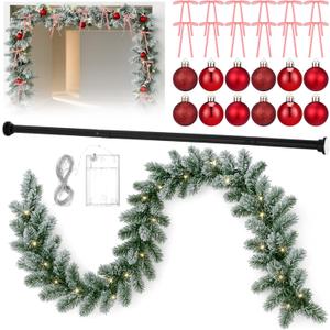 17.7-51.1 Garland Hanger for Door Frame Tension Rod with Christmas Garland Xmas Red Ball Ornaments Pink Bows for Doorway Front Door Mantel Window Outdoor