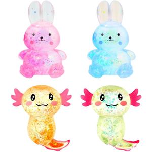 Sezua Squishy Fidget Stress Ball - 4PCS Taba Squeeze Sensory Axolotl Rabbits Toys, Axolotl Squishy Sugar Stress Ball Toys for Adults Kid, Glitter Salamander Rabbits Gift for Party Birthday Christmas