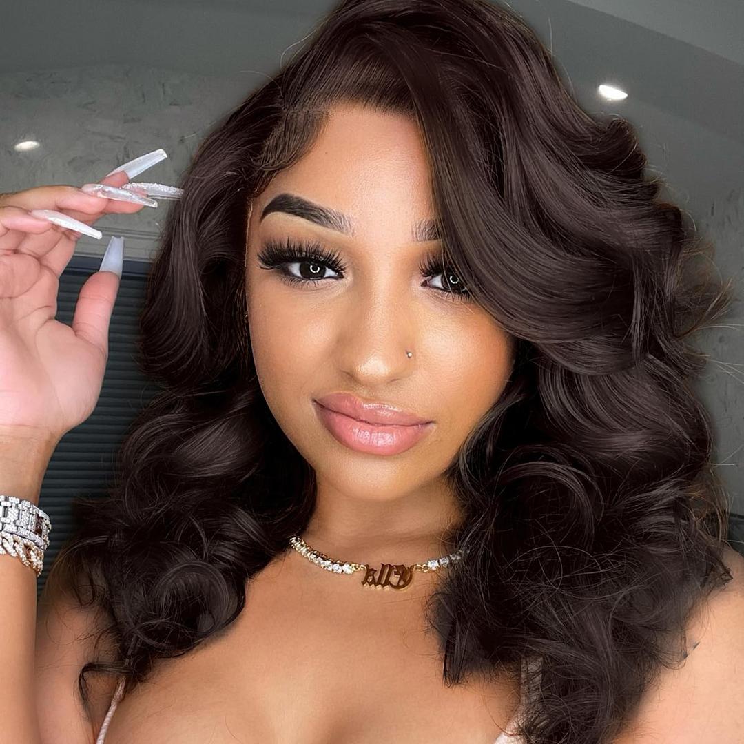 WIGER Short Wavy Wigs for Women Chocolate Brown Loose Wave Bob Hair Wig 14 Inch Side Part Shoulder Length Glueless Lace Part Hair Synthetic Curly Wig for Daily or Party (Dark Brown)