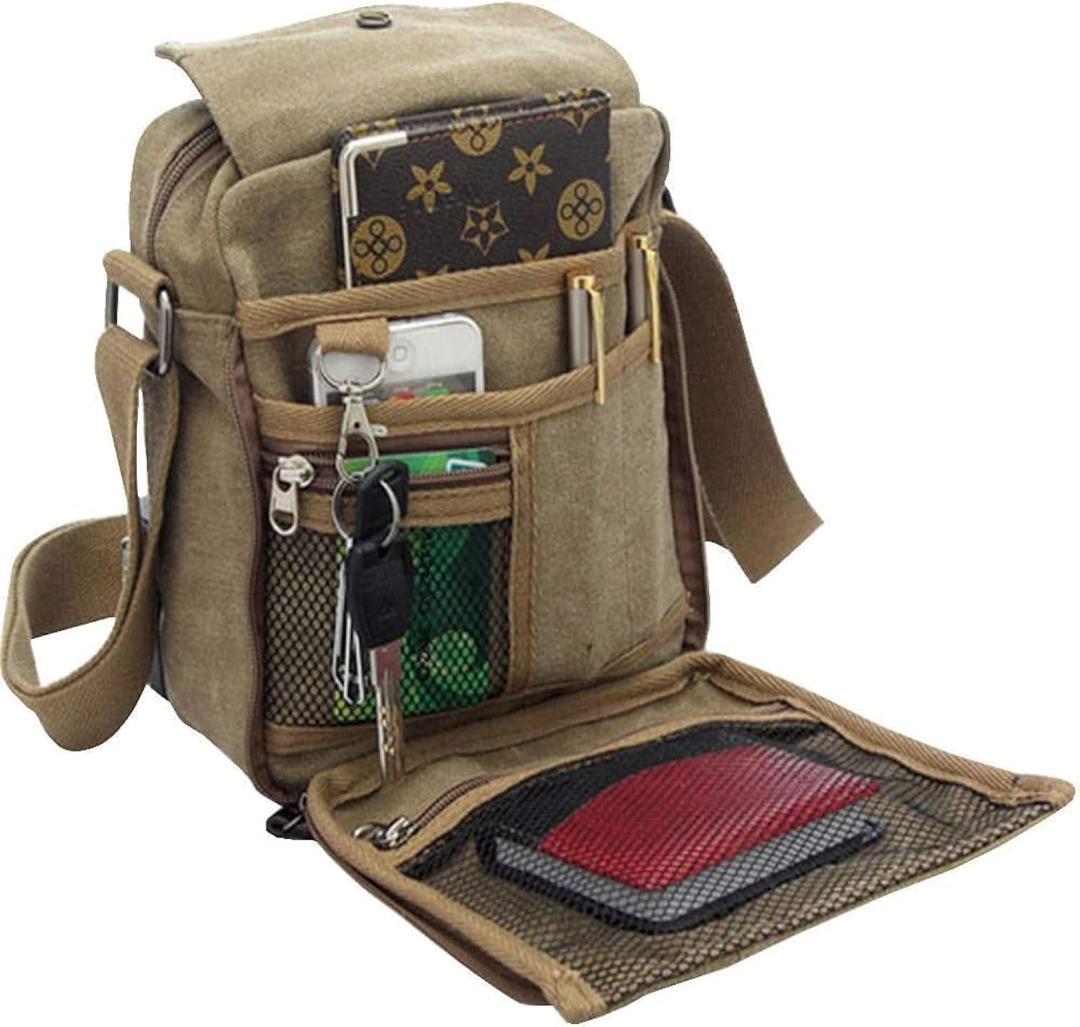 dealcase Canvas Small Messenger Bag for Men Women, Casual Shoulder Bag Chest Bag Travel Carry Bag Multi-pocket Purse (Khaki)