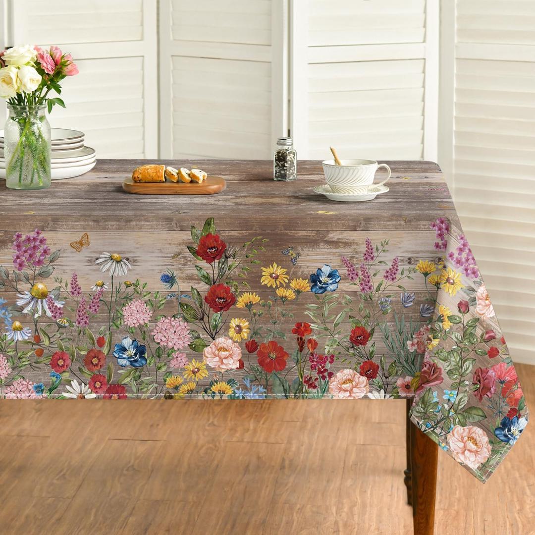 Horaldaily Spring Tablecloth 60120 Inch Rectangular, Flowers Brown Wood Grain Washable Seasonal Table Cover for Party Picnic Dinner Decor