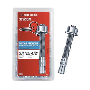 Red Head TruBolt 3/4 x 5-1/2 Inch Wedge Heavy-Duty Concrete Anchors, 10 PCS, Versatile Threaded Design for Fastening into Solid Concrete with 360-Degree Contact, Stainless Steel