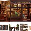 Fsolis Book Nook Kit - DIY 3D Wooden Puzzles for Adults Coffee House with Cat Diorama Booknook Bookstore Mini House Building Kit Gifts for Women Readers Book Lovers (Corner Coffee Shop)