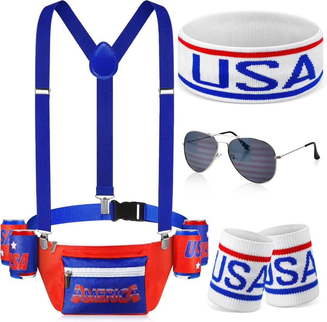 Sweetude America Flag USA 4th of July Fanny Pack Patriotic Beverage Beer Belt Costume Set Outfit Accessories with Drink Holder Sunglasses Striped Sweatband
