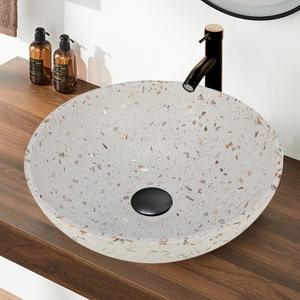 YIMAI Terrazzo Vessel Sink with Faucet and Drain, 15.7" Round Concrete Bathroom Sink Above Counter, Modern Artisanal Wash Basin Bowl with Matte Finish, Easy Install Combo Set for Vanity, 15.7"*15.7"*5.5"