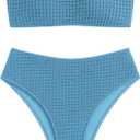ZAFUL Women's Textured Bandeau Bikini Strapless Solid Color 2 Pieces Bathing Back Lace-up Suit Swimsuit (7-Blue, S)