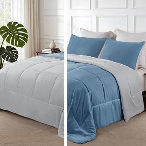 Exclusivo Mezcla Lightweight Reversible Twin Size Comforter Set, Down Alternative Comforter with 1 Pillow Sham, Twin Size Bedding Set for All Seasons, Bluish Grey