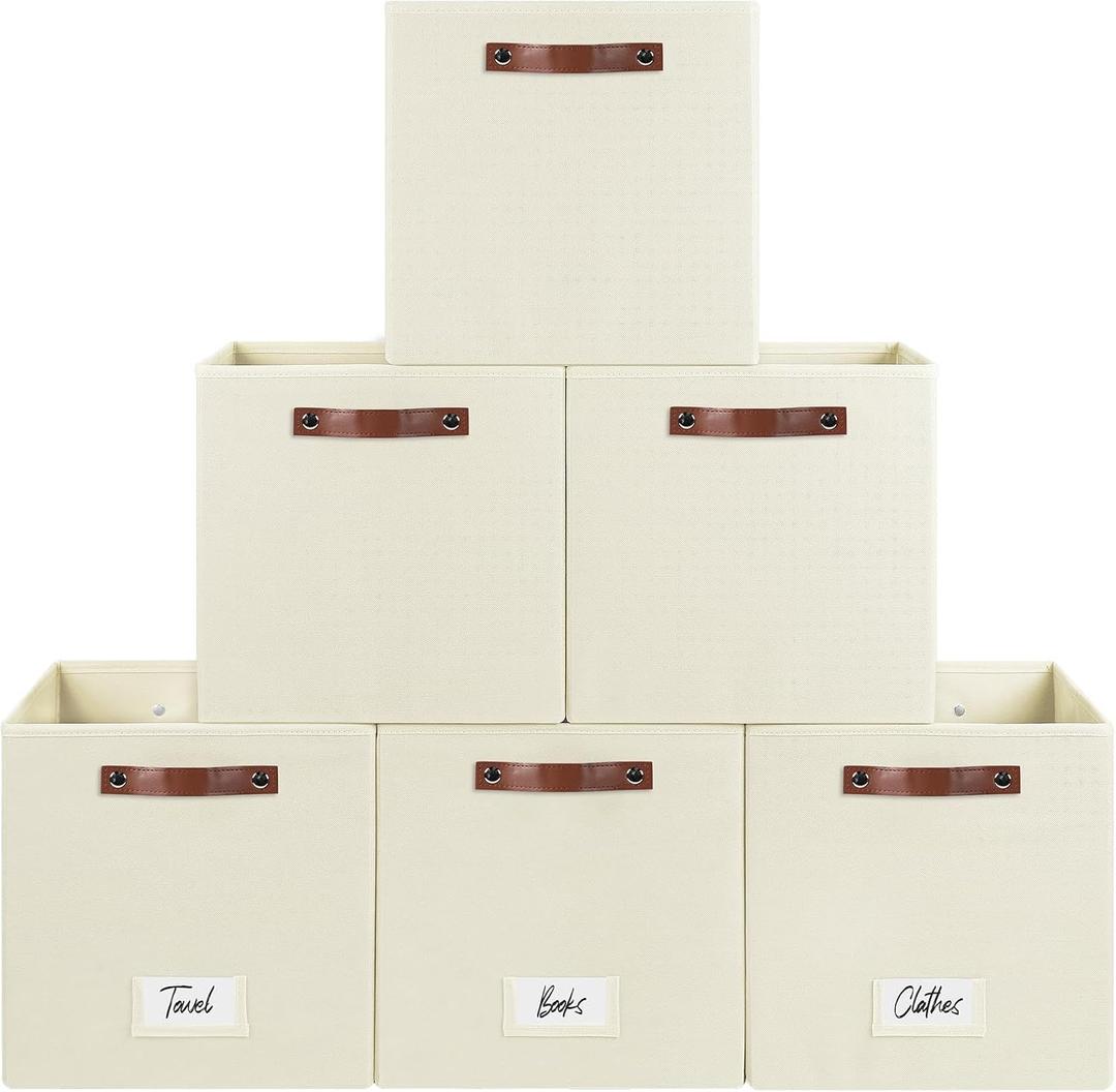 FinishingBo 6-Pack Storage Cubes with Handles & Label Holders Basket, Closet Cube Home Organizer Bins(Beige, 13 x 13 x 13 inch)
