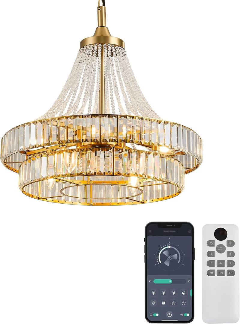 24“ Crystal Chandelier Ceiling Fan with Lights, (Luxury Gold) | Double-layer Chandelier, 6-Speed, Reversible DC Motor, 8-Lights, E12 Base, Modern Style for Bedroom, Living Room