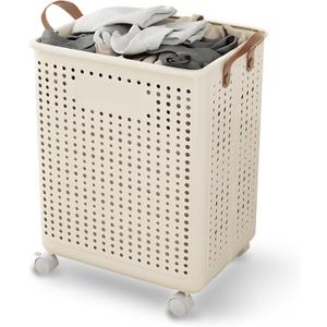 Large Laundry Basket with Wheels and Handles, 17 Gal (64L) Dirty Clothes Hamper, Foldable Design from Spacious to Slim Laundry Hamper, Rolling Laundry Basket for Bathroom, Bedroom, Dorm, Beige