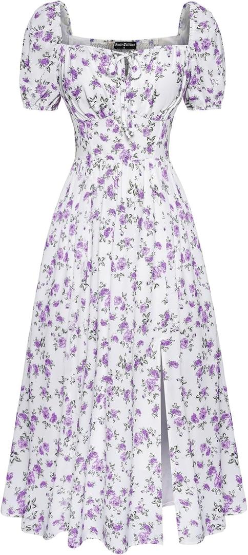 Scarlet Darkness Cottagecore Dress for Women Split Long Dress Milkmaid Corset Dresses (X-Large, White Purple Floral)