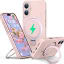 Liquid Silicone Case for iPhone 16 with Magnetic Ring Stand, [Upgraded Camera Lens Protection] [Mil-Grade Drop Shockproof] Anti-Scratch Microfiber Lining Silicone Case(Pink)