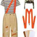 Ramede 9 Pcs Adults Halloween Sitcom Costume Set Striped T-shirt Pants Hat Suspenders Repair Patch for Cosplay Outfits(M)