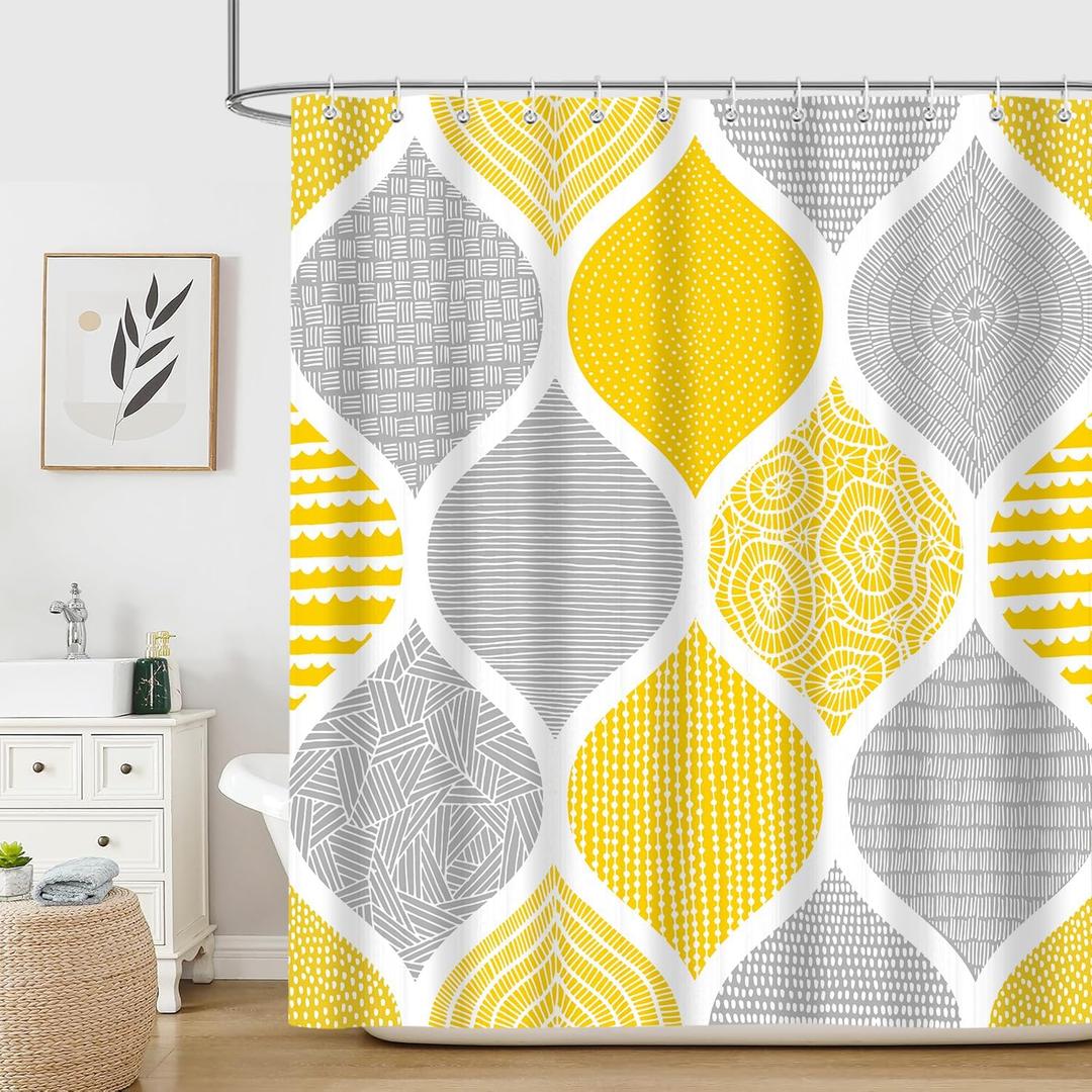 iTapnoom Boho Yellow and Grey Shower Curtain Set, Dark Gray Abstract Geometric Pattern Shower Curtains for Bathroom Decor Accessories, Modern Bohemia Paisley Fabric Bath Curtains with Hooks 72X72